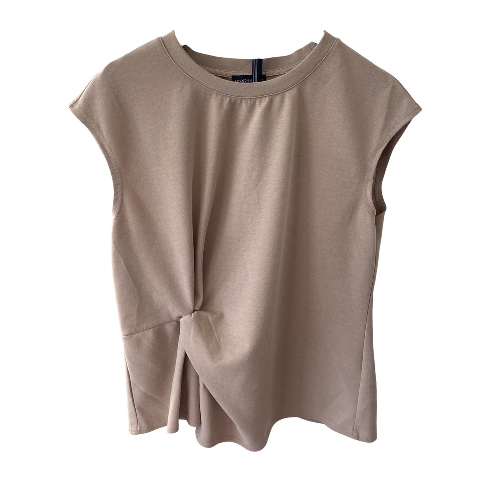 Modern Works Women Taupe Twist Front Sleeveless Knit Top Large Tan Crew Neck
